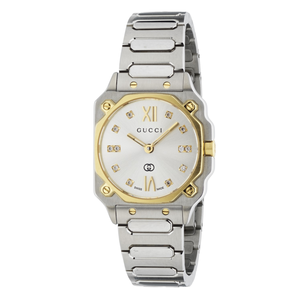 Gucci two-tone stainless steel watch with a silver dial, yellow gold-tone bezel accents, and diamond hour markers shown in full front view
