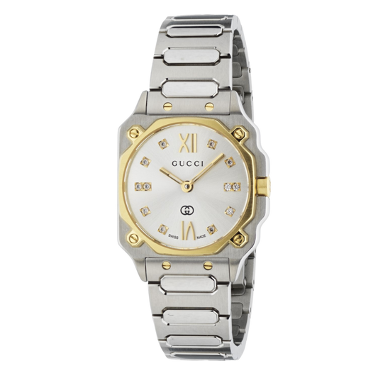 Gucci two-tone stainless steel watch with a silver dial, yellow gold-tone bezel accents, and diamond hour markers shown in full front view
