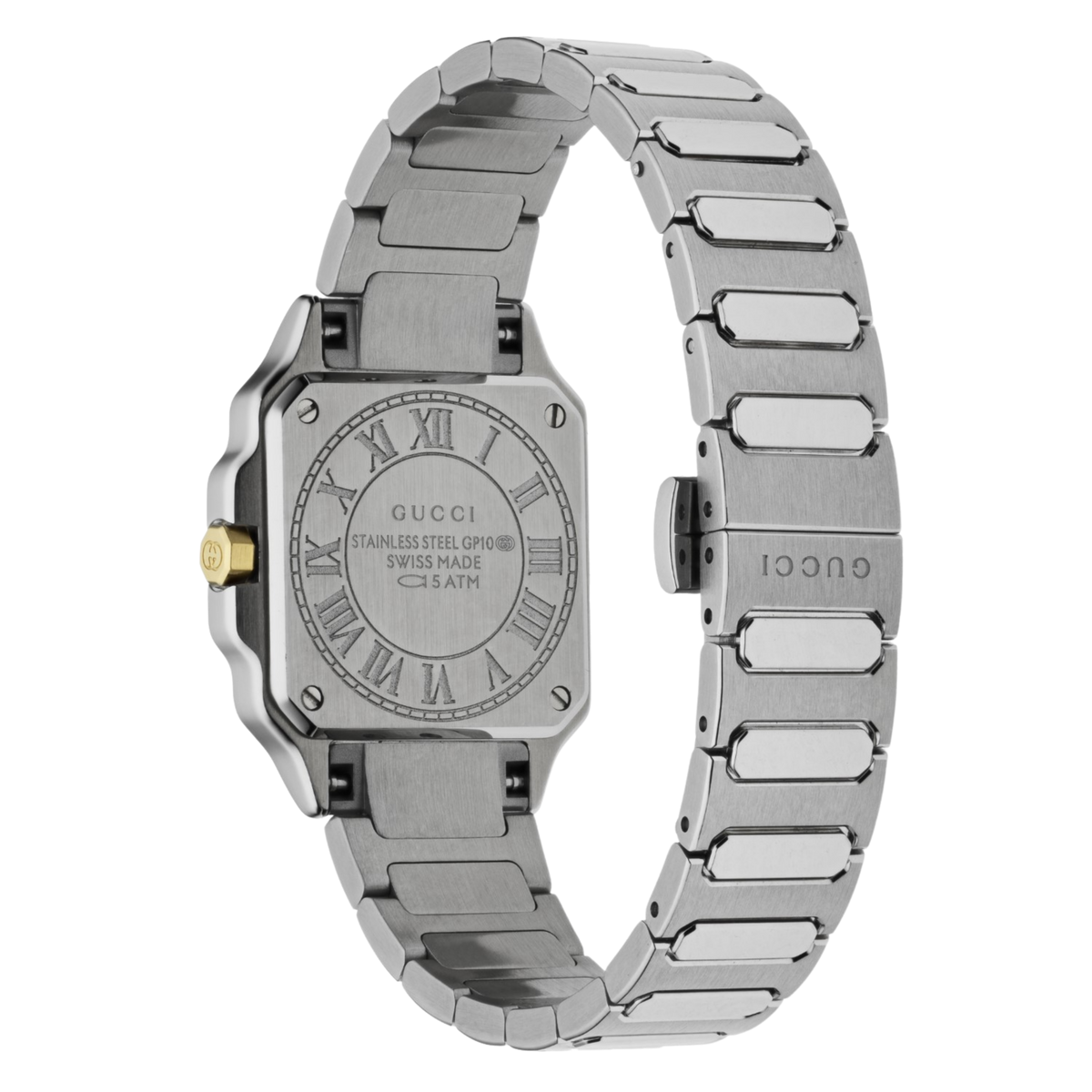 rear view of the Gucci bracelet watch displaying the polished case back, secure folding clasp, and brushed stainless steel link construction
