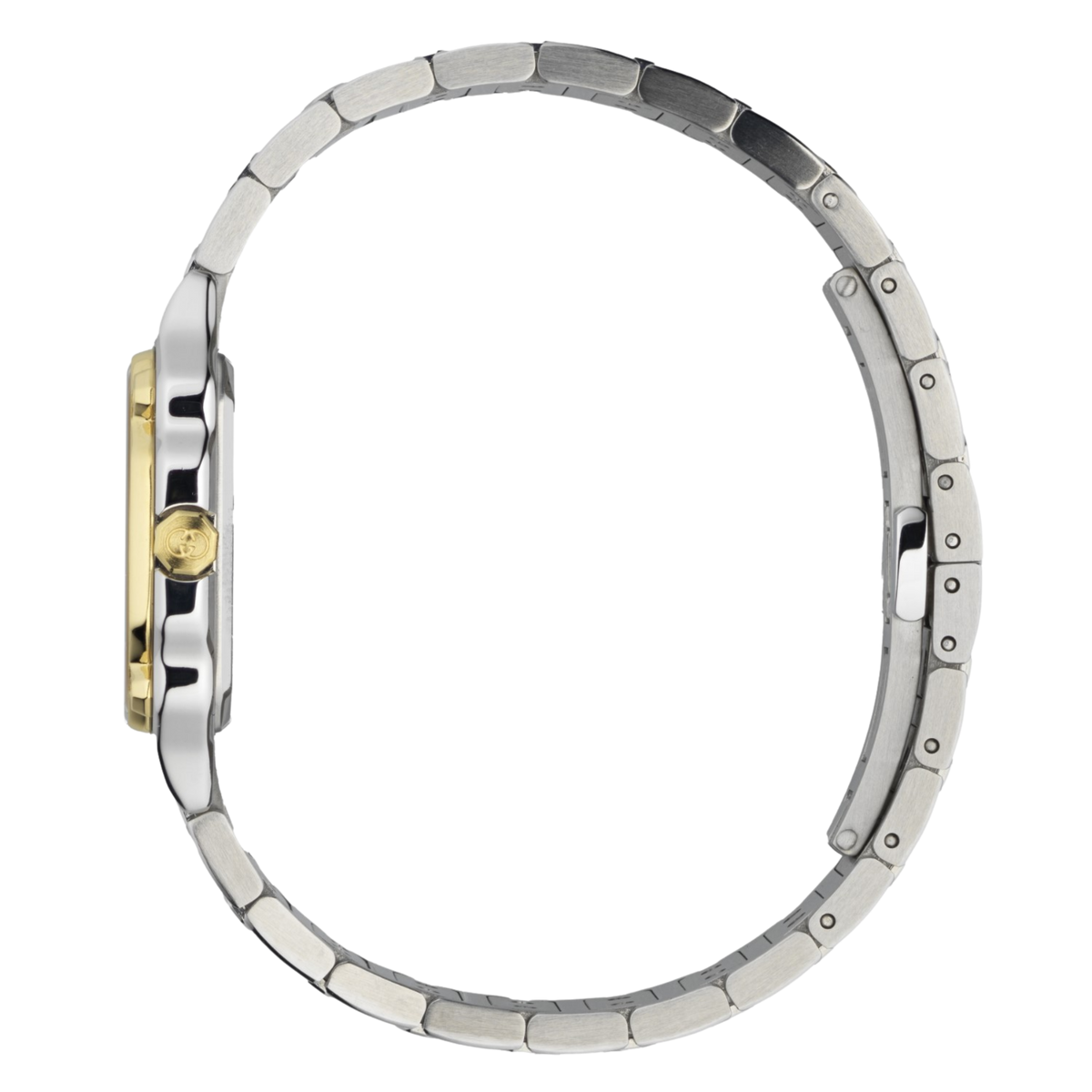 side profile of the Gucci watch highlighting the angular stainless steel case, yellow gold-tone crown detailing, and integrated bracelet links
