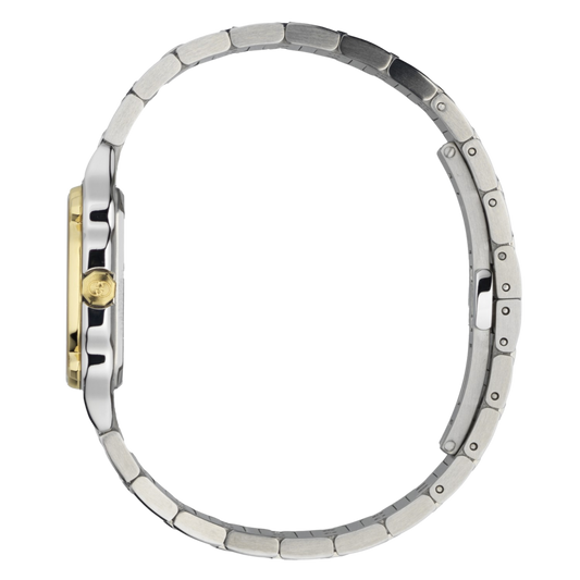 side profile of the Gucci watch highlighting the angular stainless steel case, yellow gold-tone crown detailing, and integrated bracelet links
