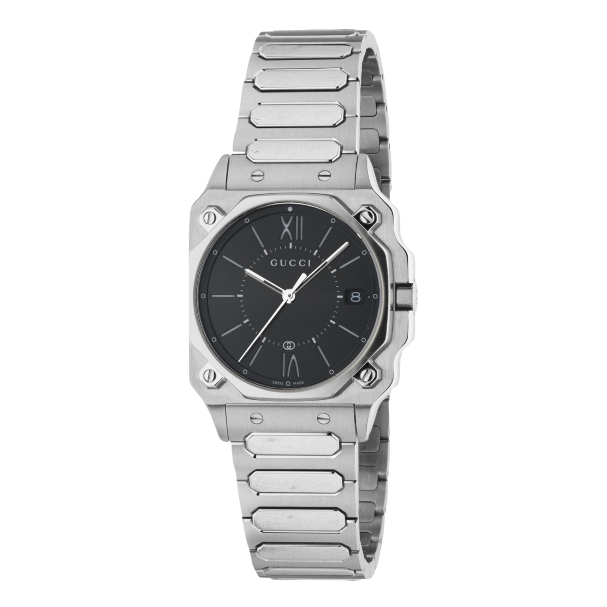 Gucci stainless steel watch with a black dial, silver-tone hour markers, date display, and integrated bracelet shown in full front view
