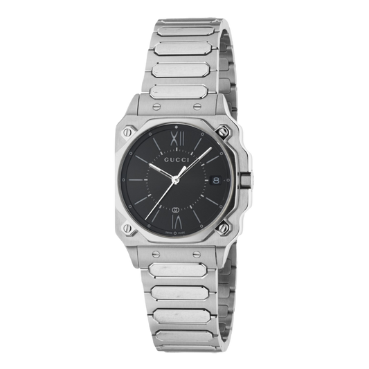Gucci stainless steel watch with a black dial, silver-tone hour markers, date display, and integrated bracelet shown in full front view
