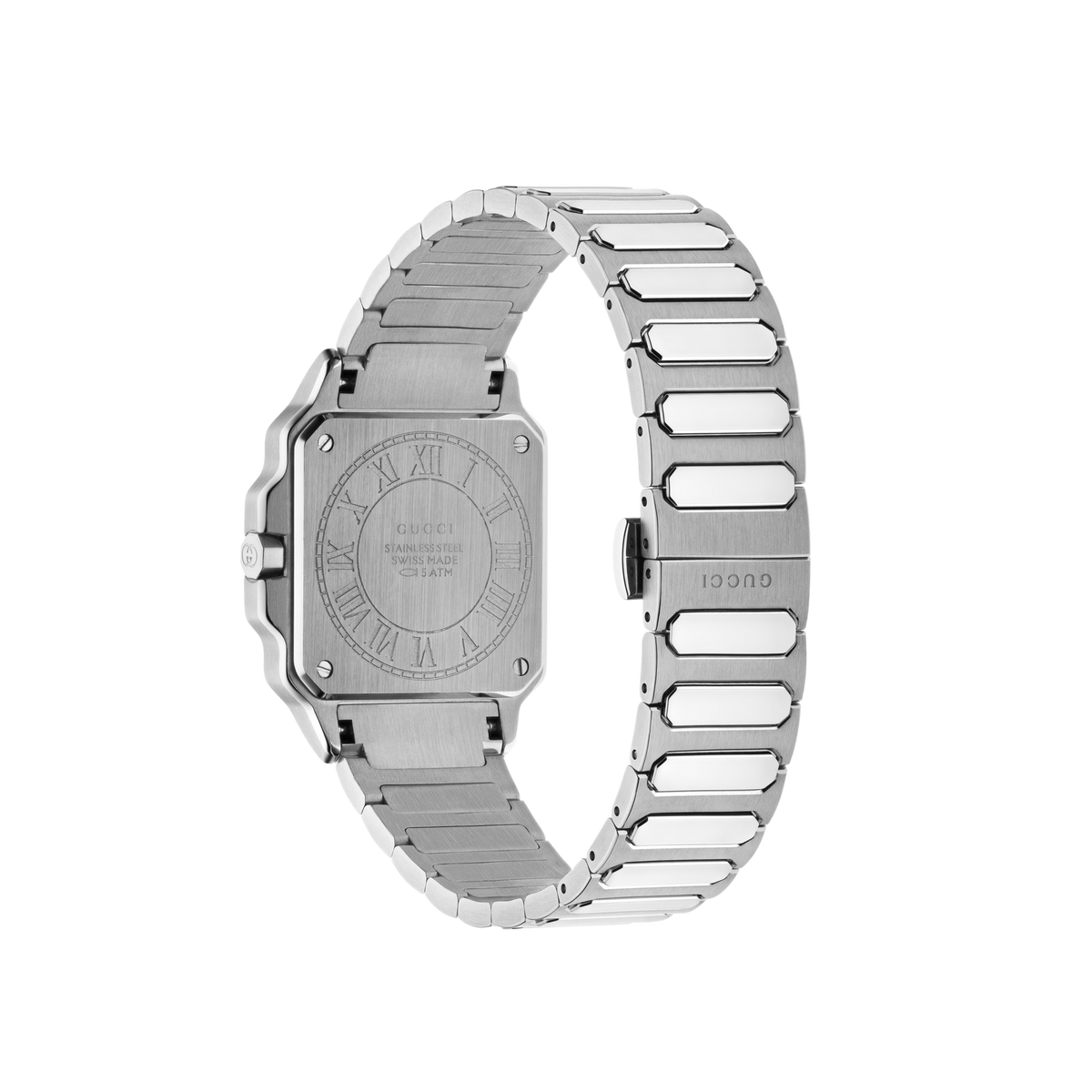 rear view of the Gucci bracelet watch displaying the stainless steel case back, folding clasp fastening, and articulated link bracelet construction
