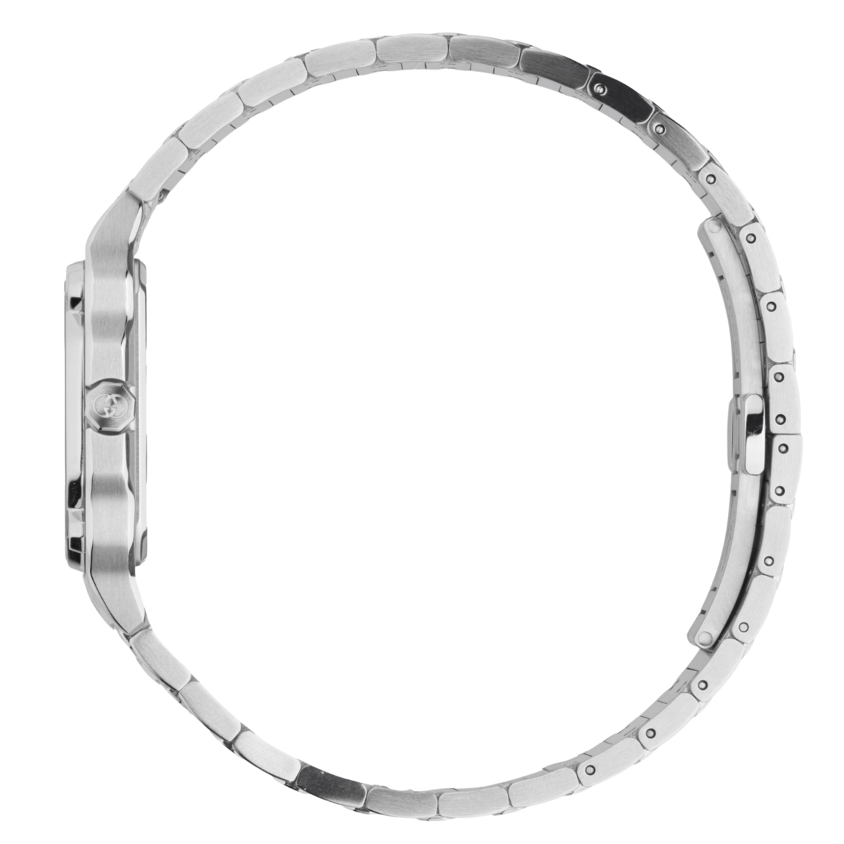 side profile of the Gucci watch highlighting the brushed stainless steel case, crown detailing, and structured integrated bracelet links
