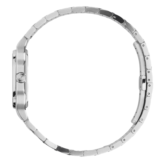 side profile of the Gucci watch highlighting the brushed stainless steel case, crown detailing, and structured integrated bracelet links
