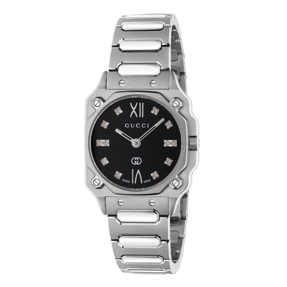 Gucci luxury bracelet watch with brushed stainless steel case and bracelet, black dial, and diamond hour markers shown in full front view with octagonal-inspired bezel detailing