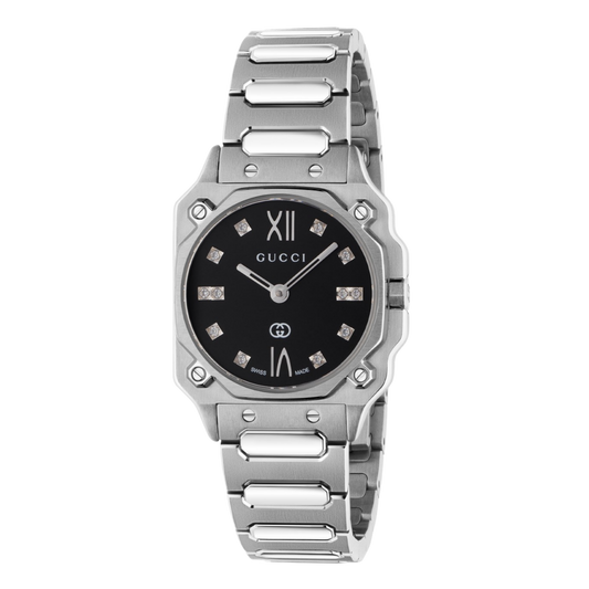 Gucci luxury bracelet watch with brushed stainless steel case and bracelet, black dial, and diamond hour markers shown in full front view with octagonal-inspired bezel detailing