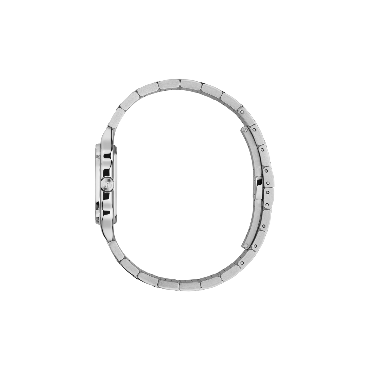 side profile of the Gucci watch highlighting the angular stainless steel case, integrated bracelet construction, and polished screw-detail bezel design
