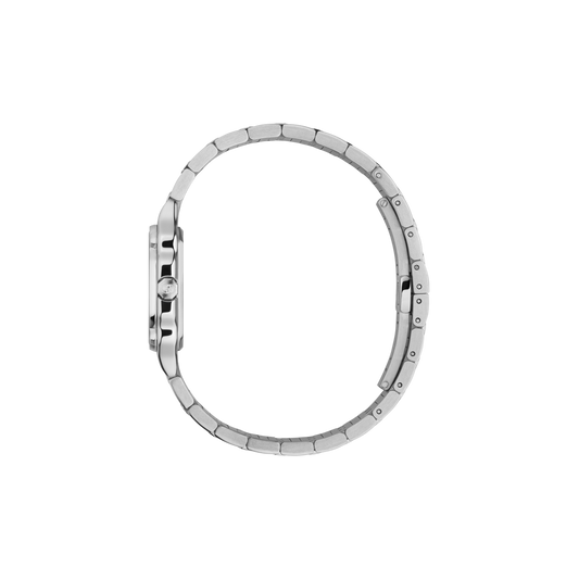 side profile of the Gucci watch highlighting the angular stainless steel case, integrated bracelet construction, and polished screw-detail bezel design
