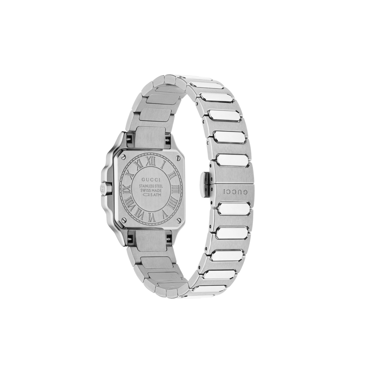 rear view of the Gucci watch displaying the stainless steel case back, secure bracelet clasp fastening, and integrated link bracelet construction with brushed and polished finishes
