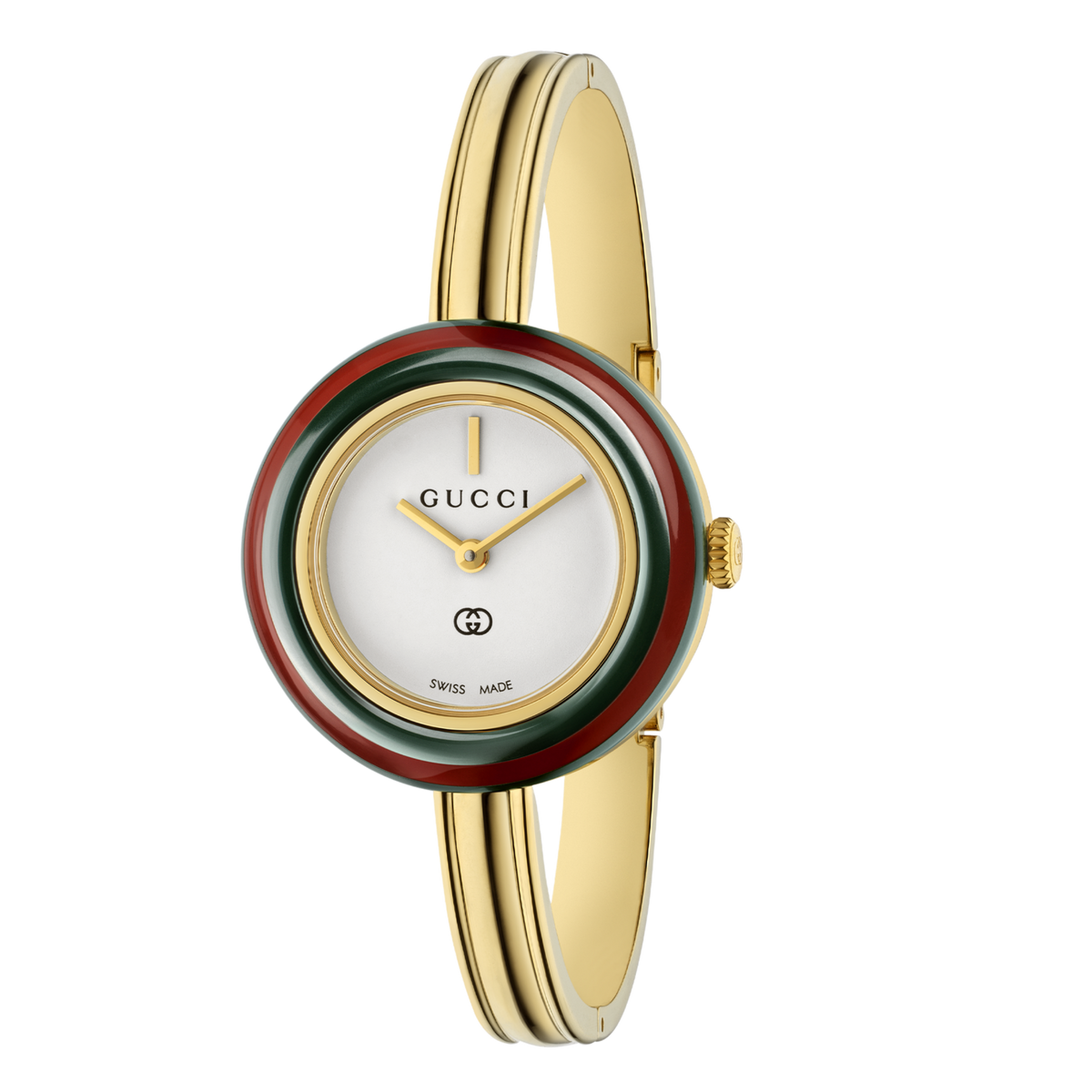 Gucci 28 mm yellow gold-plated case, 7 interchangeable ceramic bezels, white dial, yellow gold-plated bangle, quartz movement, size 16 front view 