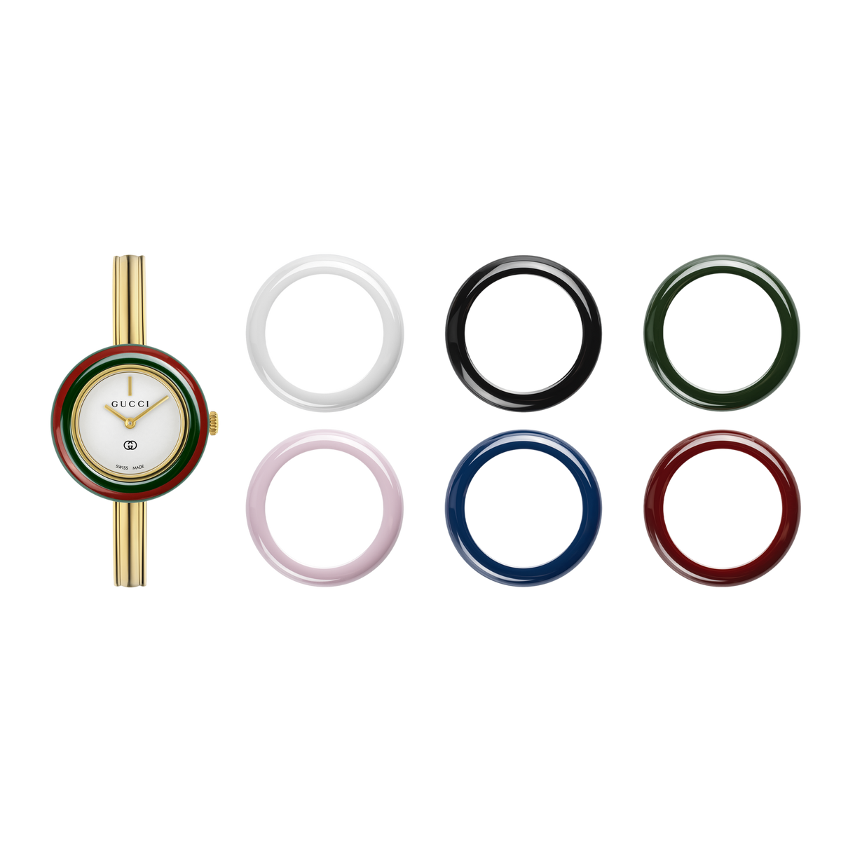 Gucci 28 mm yellow gold-plated case, 7 interchangeable ceramic bezels, white dial, yellow gold-plated bangle, quartz movement, size 16 showing fun box and bezel options 
