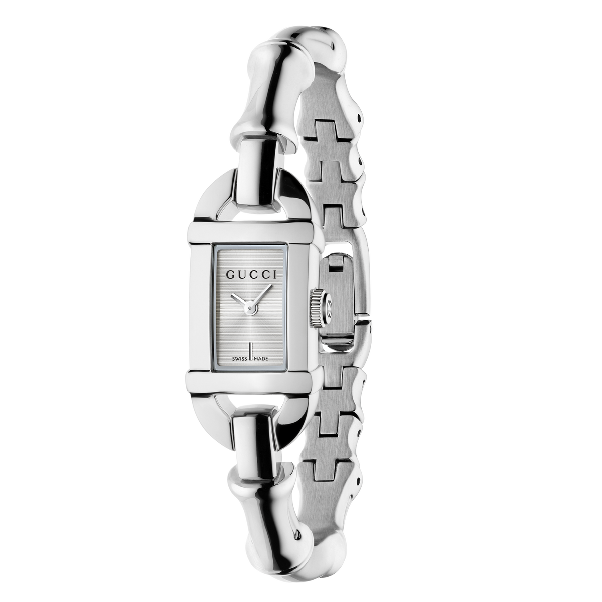 GUCCI Bamboo women’s watch featuring a 22 x 17mm stainless steel case, elegant silver dial and bamboo-inspired bracelet