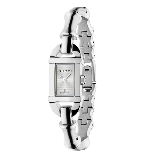 GUCCI Bamboo women’s watch featuring a 22 x 17mm stainless steel case, elegant silver dial and bamboo-inspired bracelet