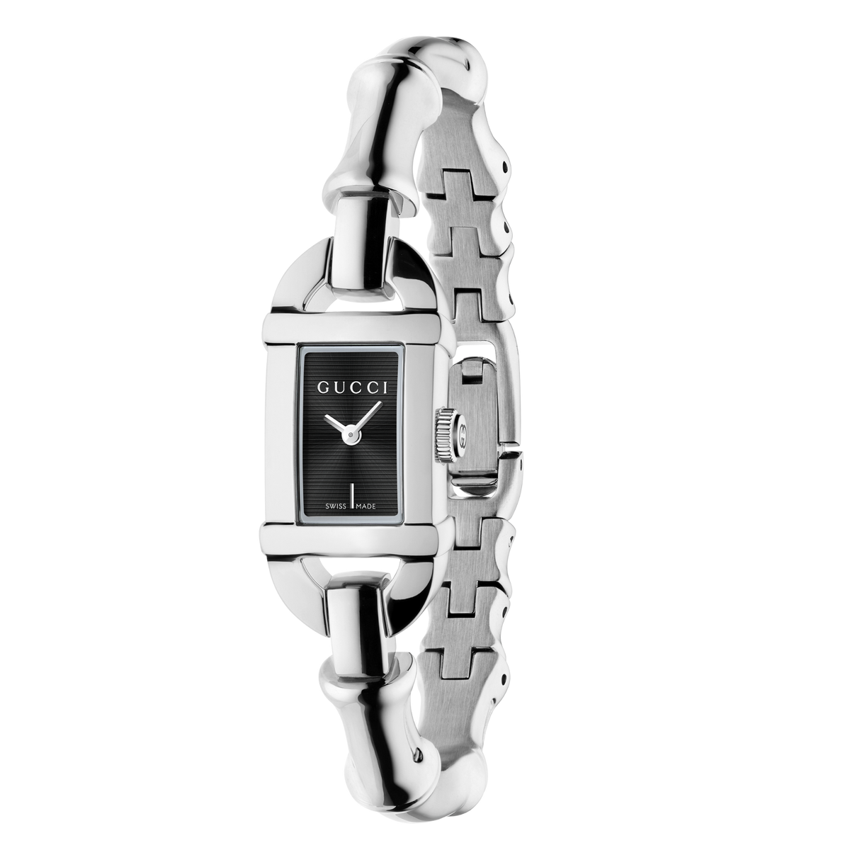 GUCCI Bamboo 22 x 17mm watch with black dial, stainless steel case and signature bamboo-inspired steel bracelet