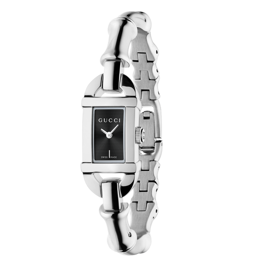 GUCCI Bamboo 22 x 17mm watch with black dial, stainless steel case and signature bamboo-inspired steel bracelet