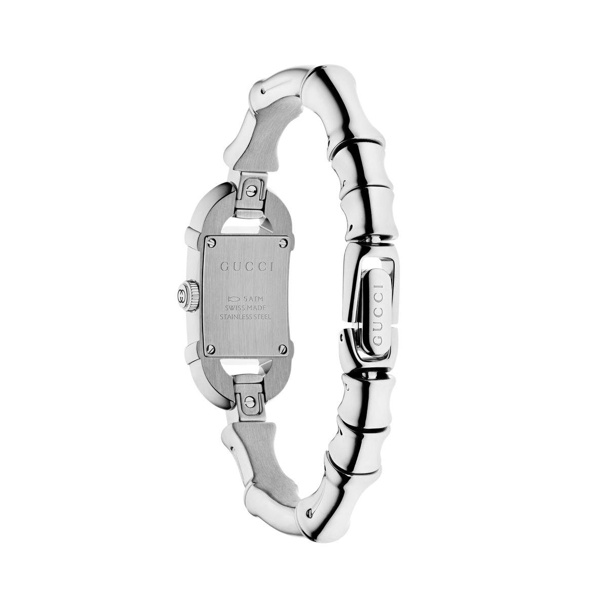 GUCCI Bamboo quartz watch with elegant black dial, polished stainless steel case and distinctive bamboo chain bracelet