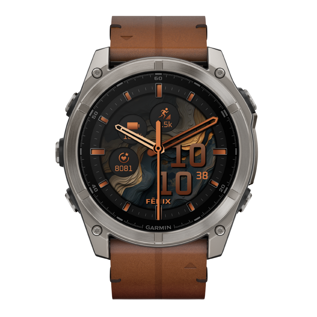 Garmin fēnix 8 AMOLED Sapphire 51mm smartwatch with titanium bezel, sapphire crystal, vivid AMOLED display and premium leather strap.