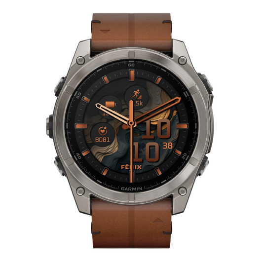 Garmin fēnix 8 AMOLED Sapphire 51mm smartwatch with titanium bezel, sapphire crystal, vivid AMOLED display and premium leather strap.