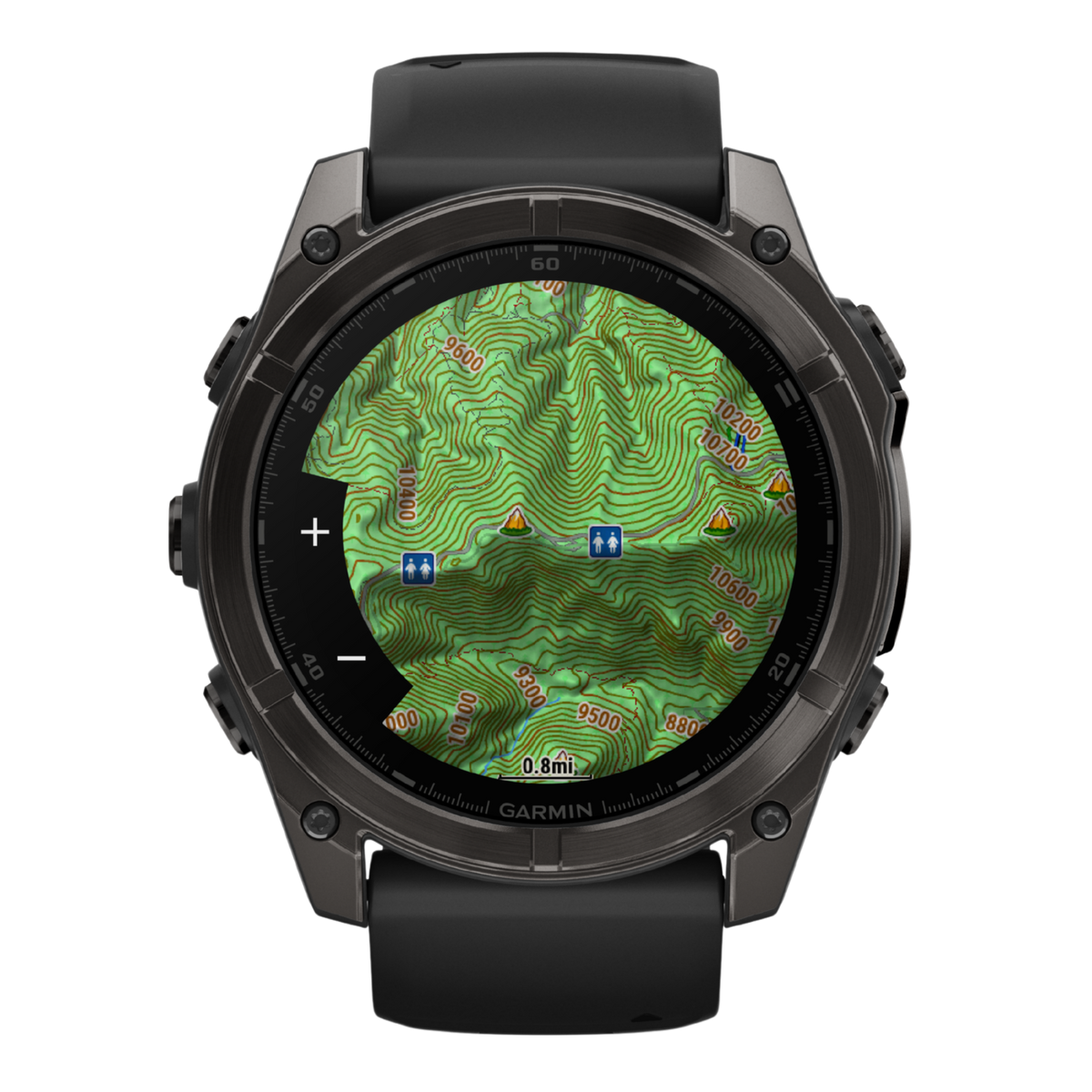 Garmin Fenix multisport GPS smartwatch with black performance strap, dark titanium-style case, and advanced fitness metrics display shown in angled front view