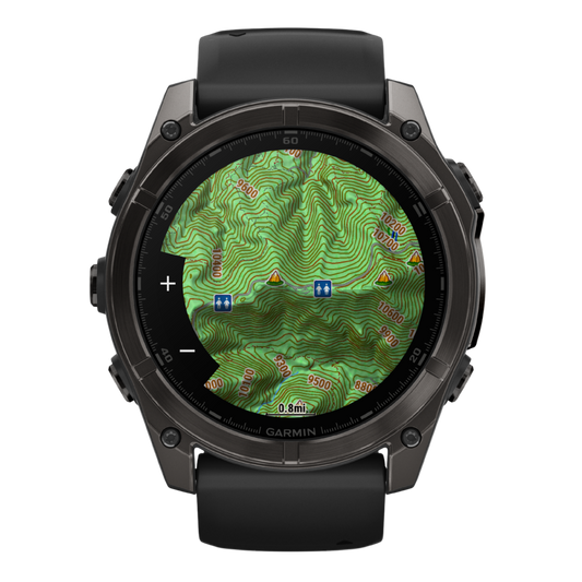 Garmin Fenix multisport GPS smartwatch with black performance strap, dark titanium-style case, and advanced fitness metrics display shown in angled front view