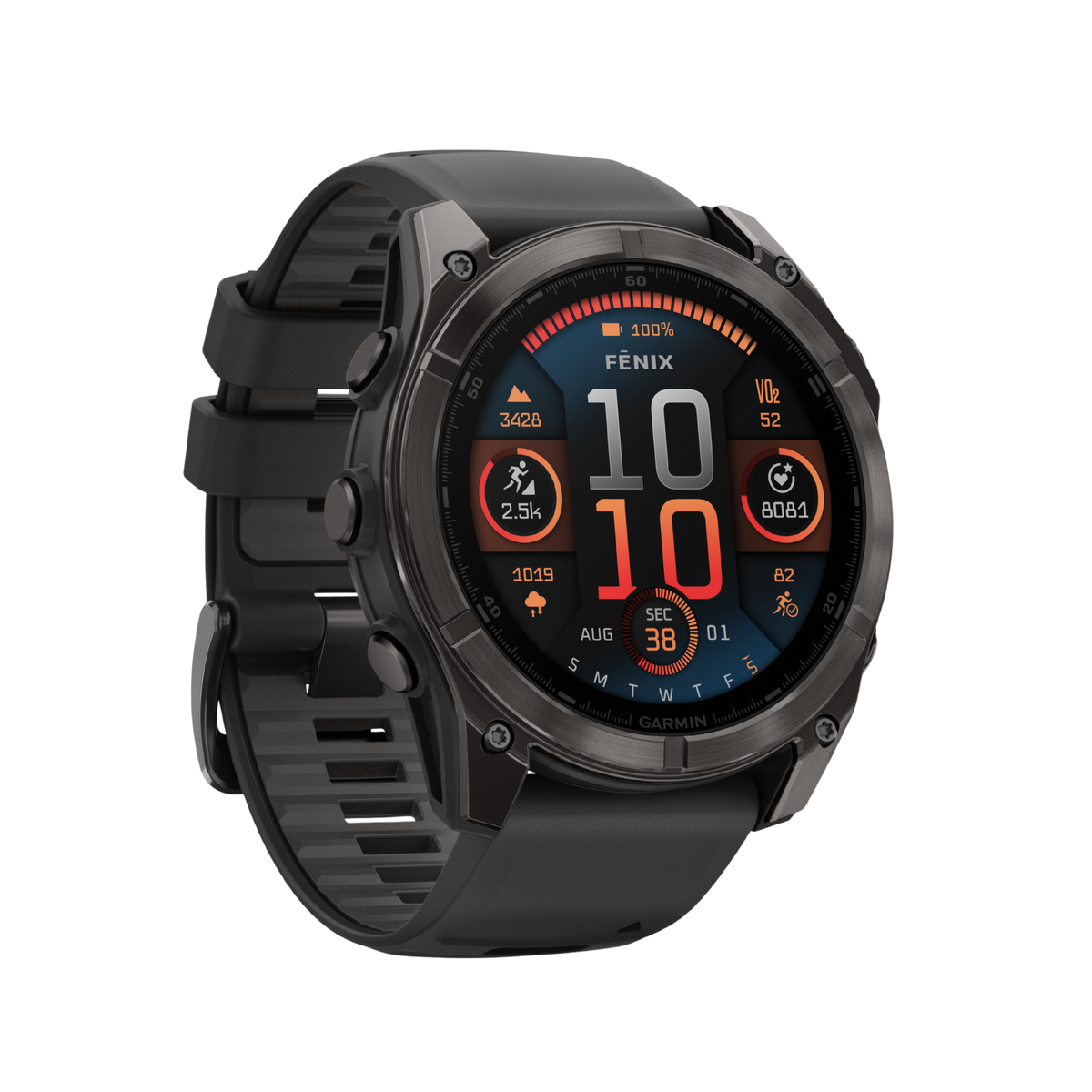 side profile of the Garmin Fenix smartwatch highlighting the rugged outdoor-ready case, textured pushers, and durable black silicone strap designed for training and adventure use
