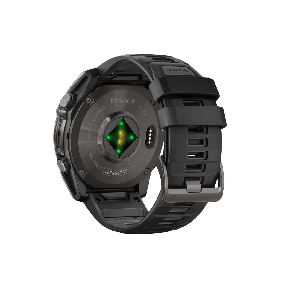 rear view of the Garmin Fenix smartwatch displaying the secure buckle fastening, integrated health tracking sensors, and flexible ventilated sports strap construction
