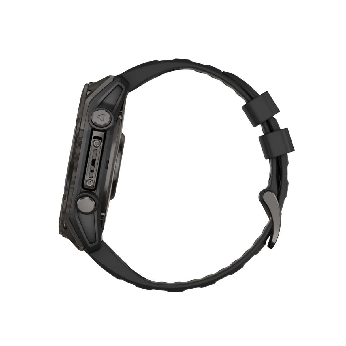 detailed side angle of the Garmin Fenix smartwatch showcasing the exposed control pushers, reinforced crown protection, and robust performance-focused case detailing
