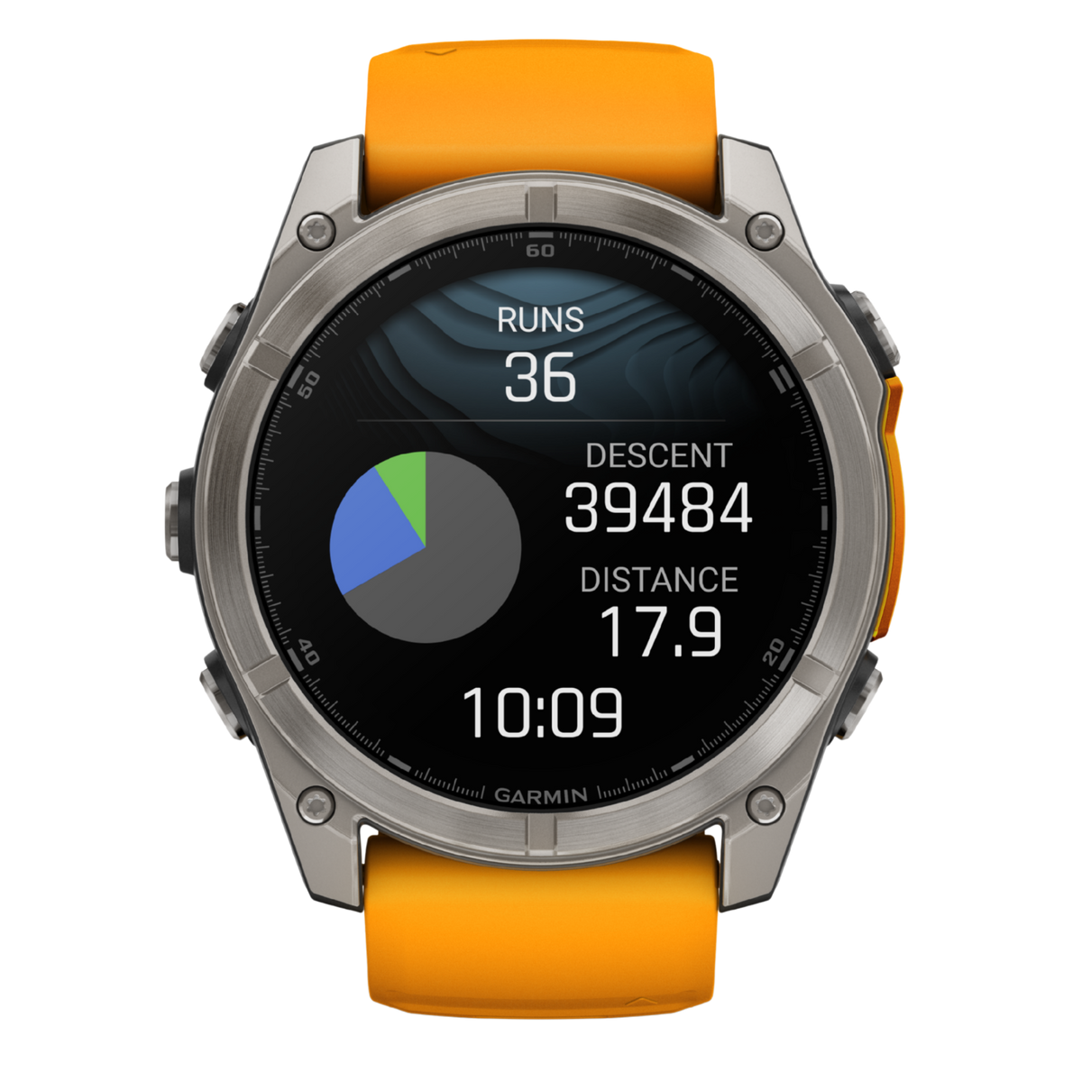 Garmin Fenix multisport GPS smartwatch with vibrant orange performance strap, rugged titanium-style bezel, and advanced activity tracking display shown in angled front view