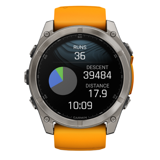 Garmin Fenix multisport GPS smartwatch with vibrant orange performance strap, rugged titanium-style bezel, and advanced activity tracking display shown in angled front view