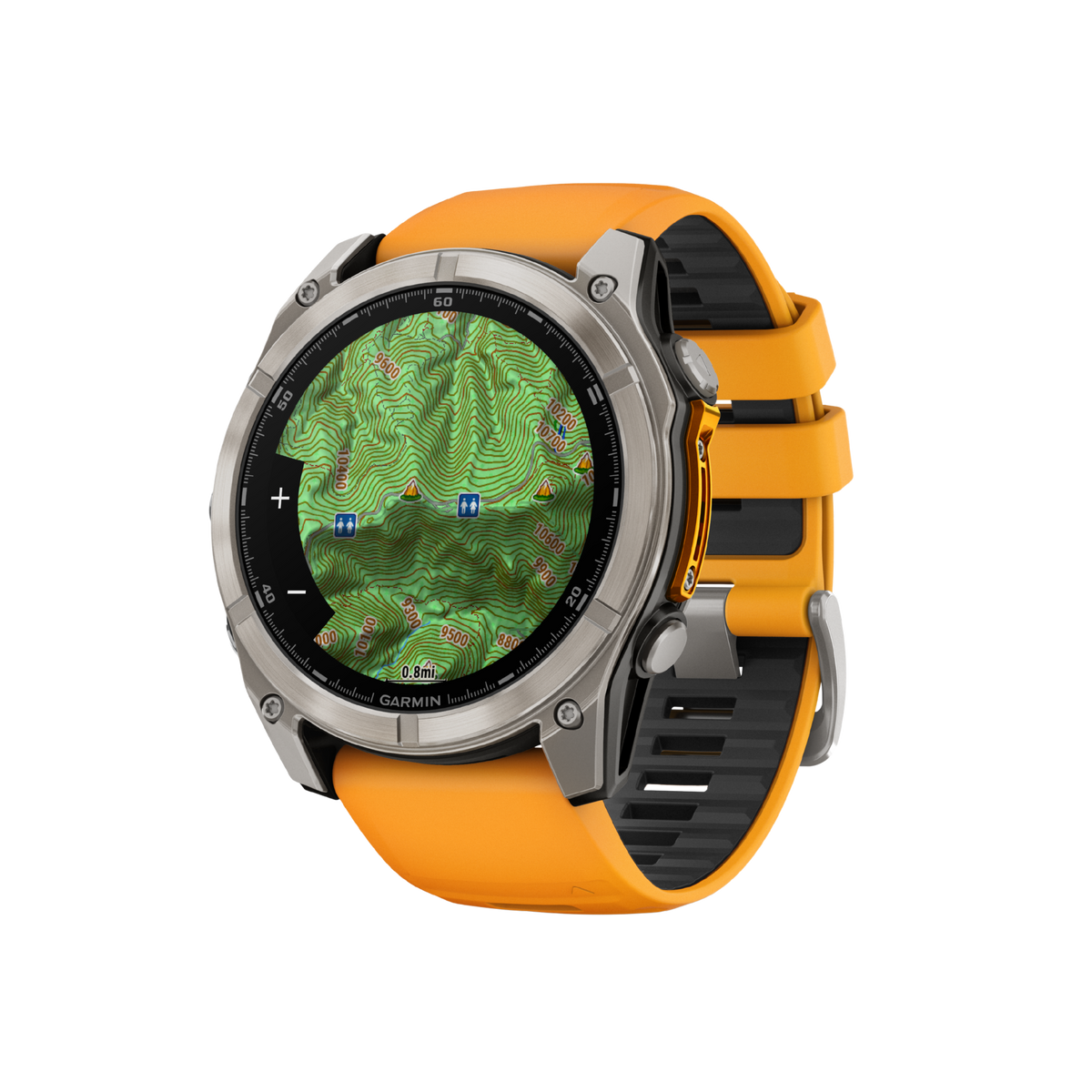 side profile of the Garmin Fenix smartwatch highlighting the reinforced outdoor-ready case, textured control buttons, and flexible orange silicone strap for active comfort
