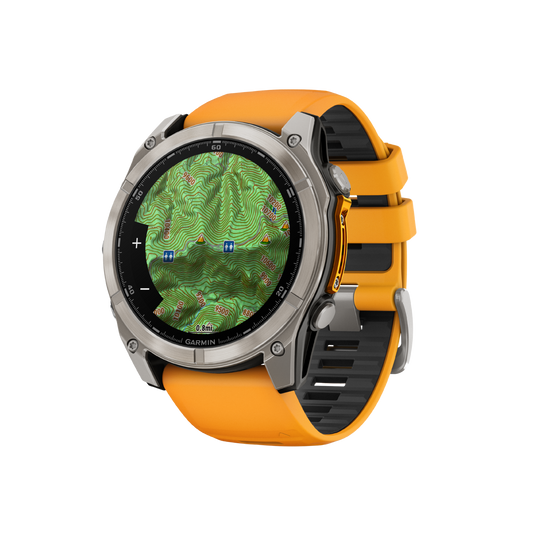 side profile of the Garmin Fenix smartwatch highlighting the reinforced outdoor-ready case, textured control buttons, and flexible orange silicone strap for active comfort

