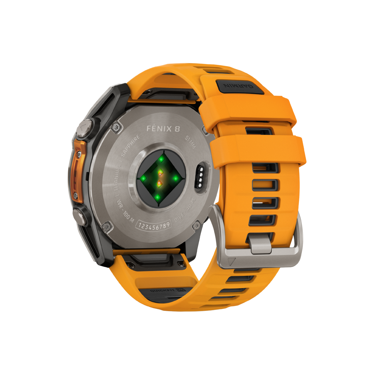 rear view of the Garmin Fenix smartwatch displaying the secure buckle fastening, integrated health monitoring sensors, and durable ventilated sports strap construction
