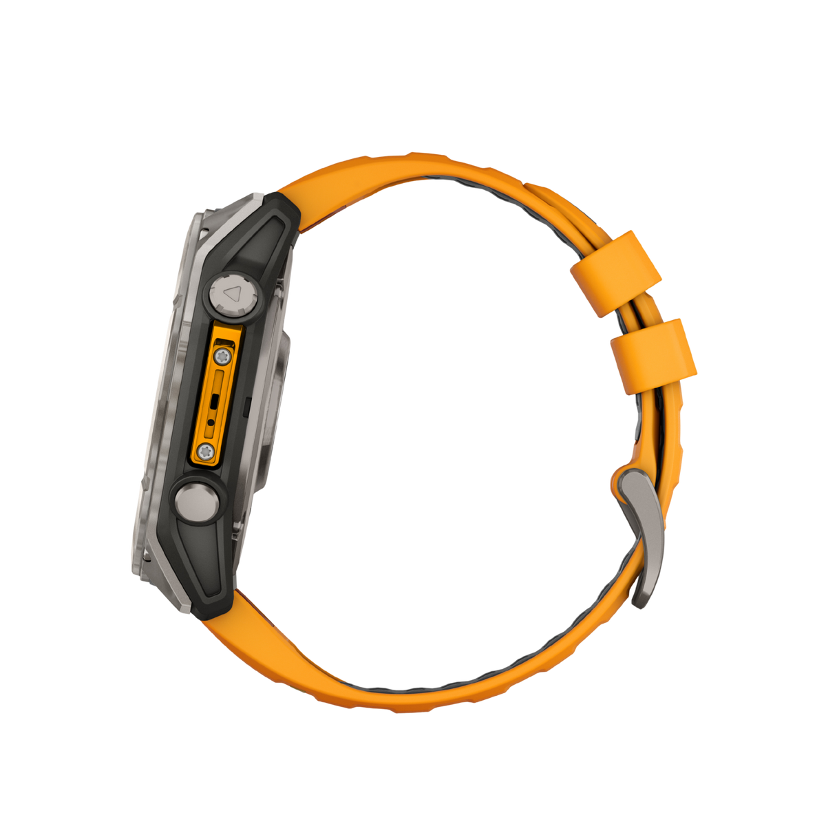 detailed side angle of the Garmin Fenix smartwatch showcasing the exposed pushers, protected crown detailing, and rugged case profile designed for endurance and outdoor training
