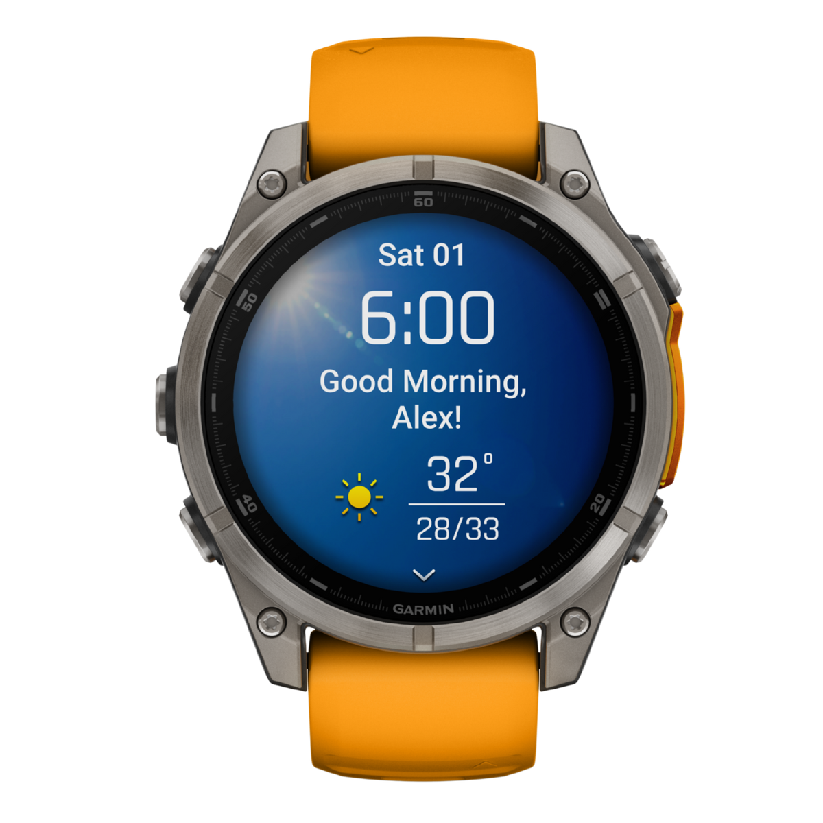 Garmin Fenix multisport GPS smartwatch with bright orange performance strap, rugged titanium-style case, and full-colour training metrics display shown in angled front view