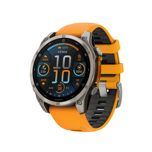 side profile of the Garmin Fenix smartwatch highlighting the reinforced metal case, textured control buttons, and durable orange silicone strap designed for outdoor adventures
