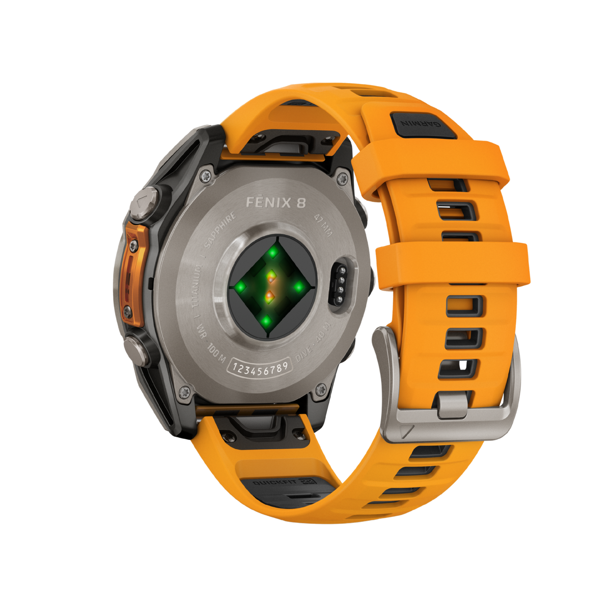 rear view of the Garmin Fenix smartwatch displaying the secure buckle fastening, integrated fitness tracking sensors, and flexible ventilated sports strap construction
