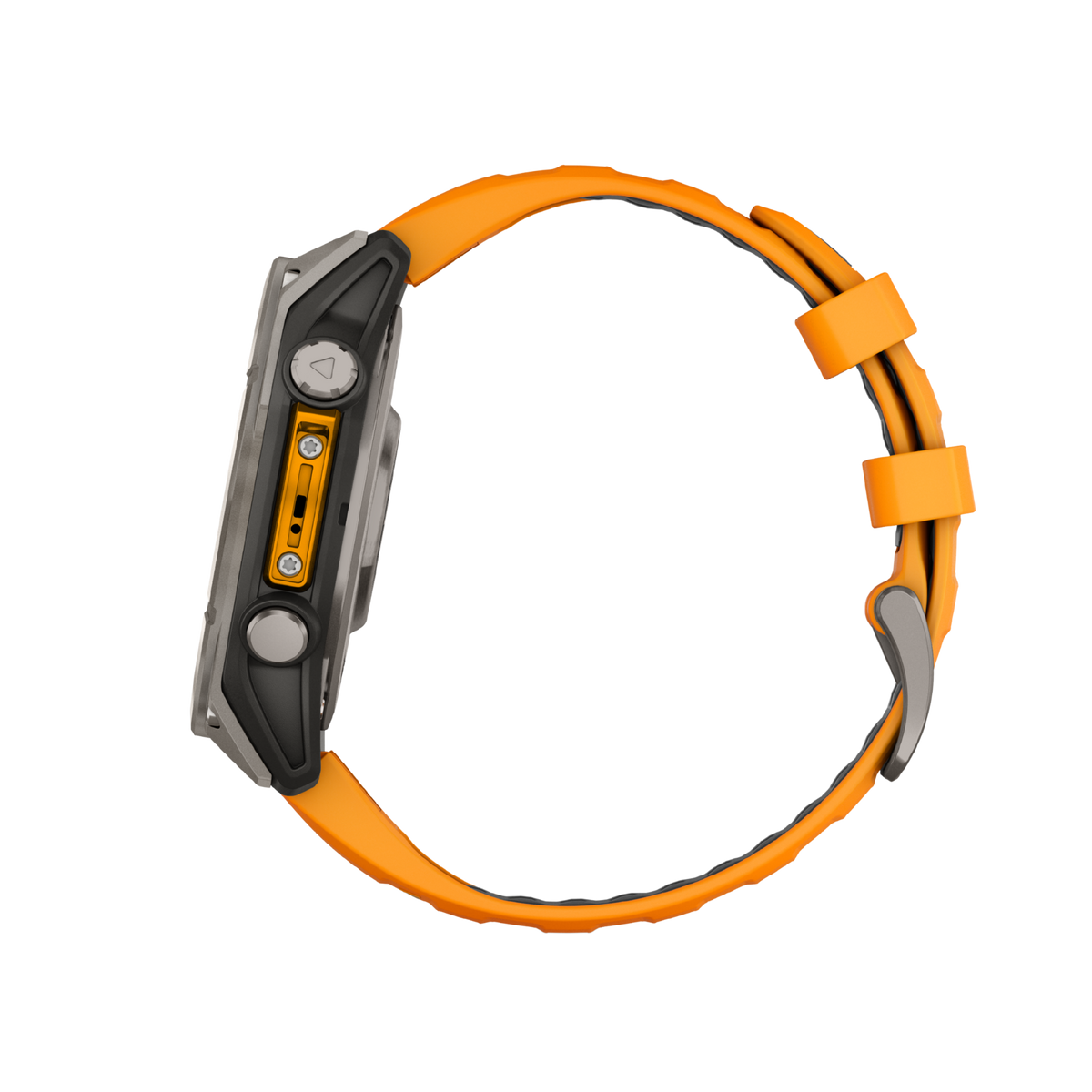 detailed side angle of the Garmin Fenix smartwatch showcasing the exposed pushers, protective crown design, and rugged outdoor-ready case detailing built for endurance training
