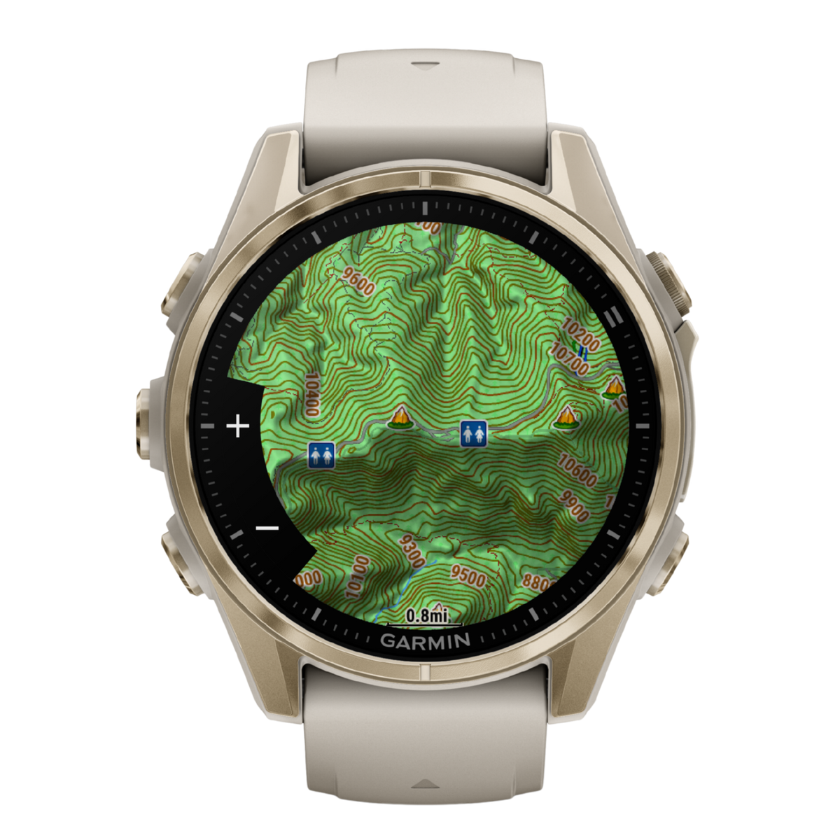 Garmin Fenix multisport GPS smartwatch with cream performance strap, gold-tone case, and advanced fitness dashboard display shown in angled front view