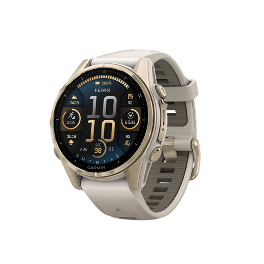 side profile of the Garmin Fenix smartwatch highlighting the rugged case construction, textured control buttons, and flexible silicone strap built for active performance
