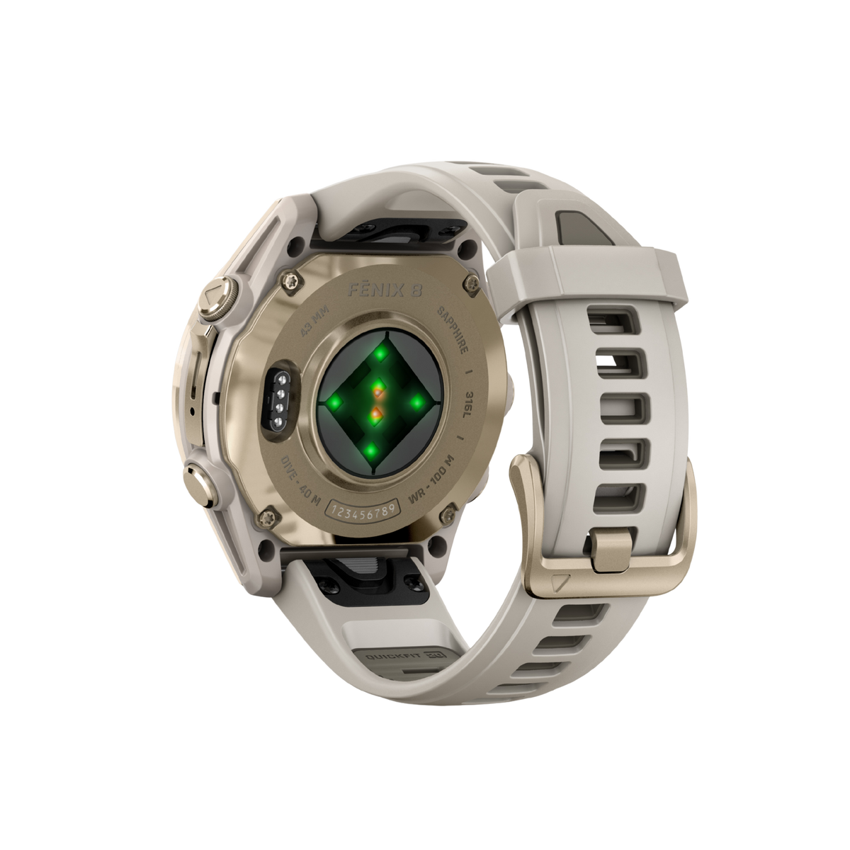 rear view of the Garmin Fenix smartwatch displaying the secure buckle fastening, integrated health monitoring sensors, and durable sports strap design
