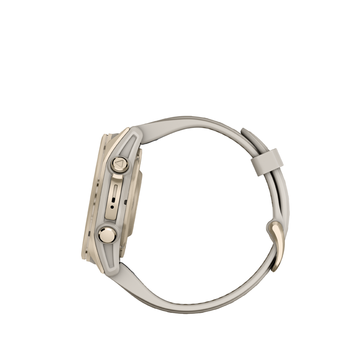detailed side angle of the Garmin Fenix smartwatch showcasing the metal pushers, protective crown guards, and robust outdoor-ready case profile
