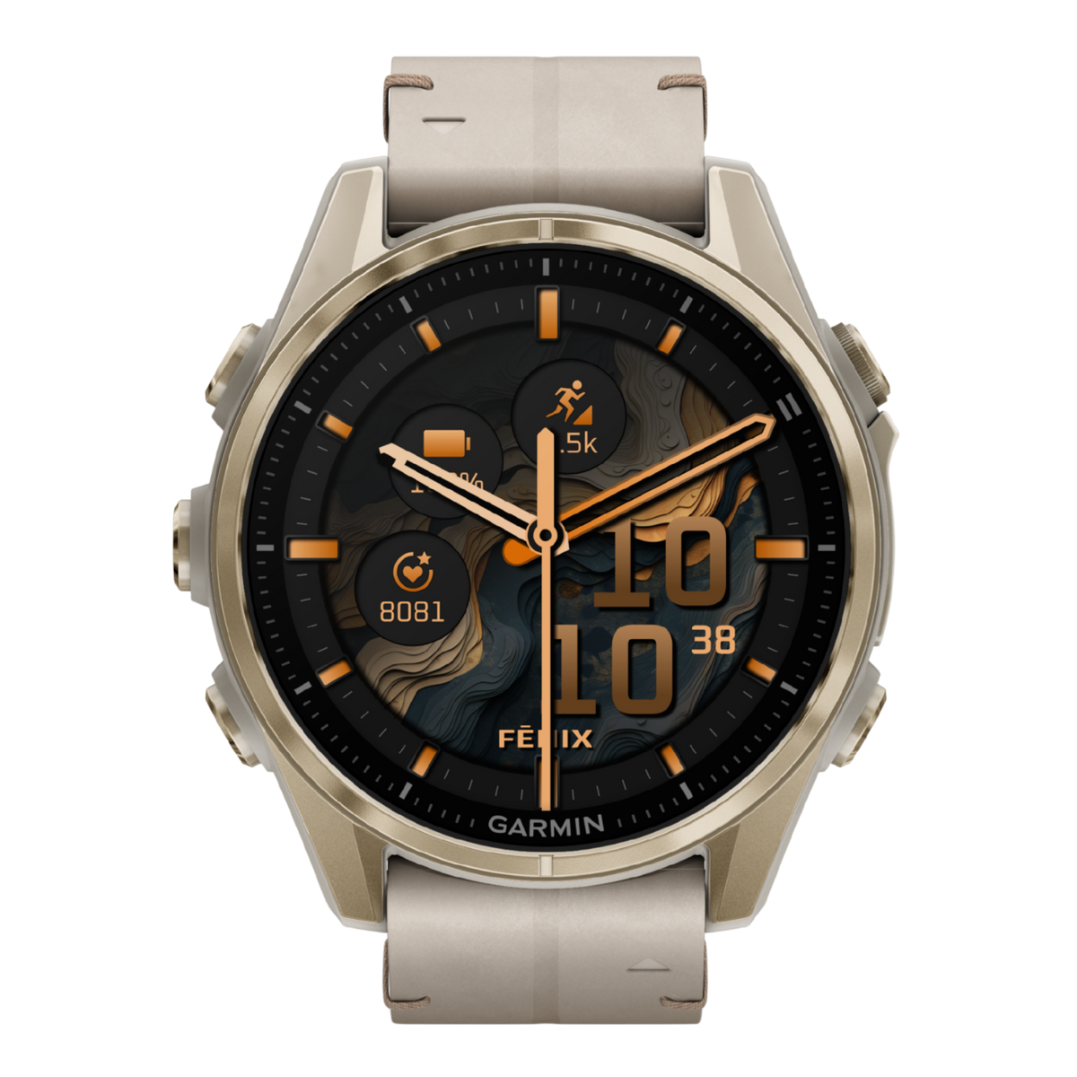 Garmin Fenix multisport GPS smartwatch with cream performance strap, gold-tone case, and advanced fitness dashboard display shown in angled front view