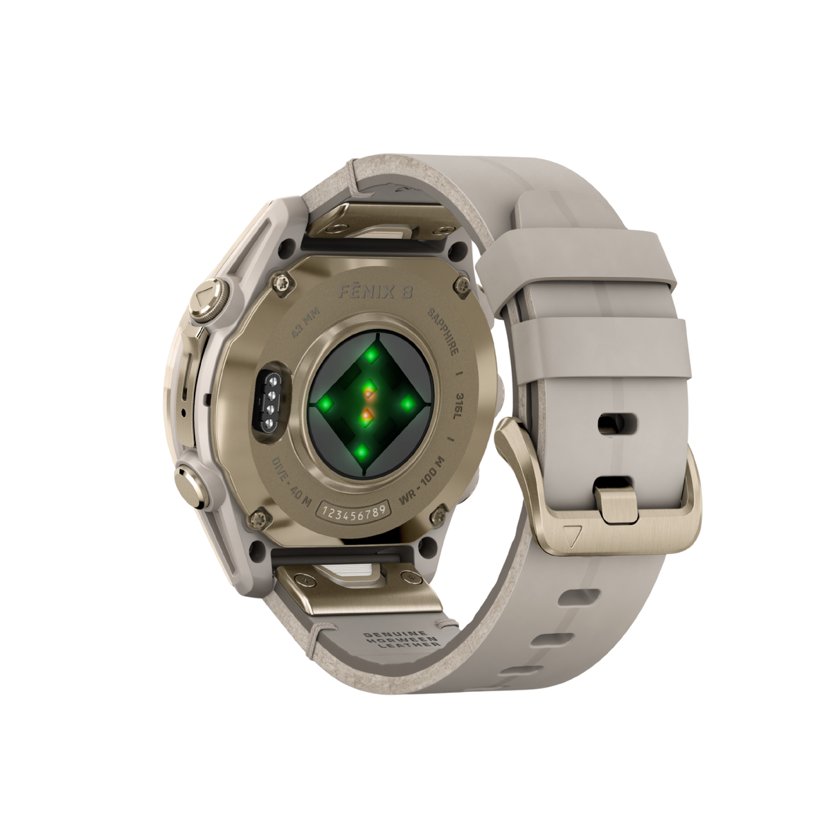 rear view of the Garmin Fenix smartwatch displaying the secure buckle fastening, integrated health monitoring sensors, and durable sports strap design
