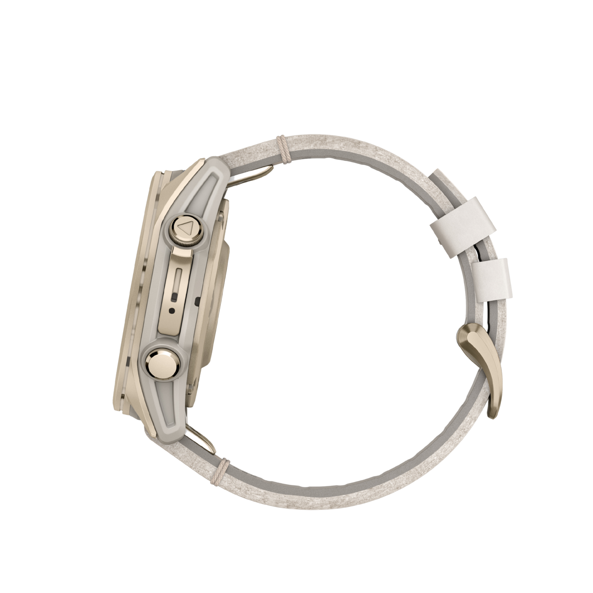 detailed side angle of the Garmin Fenix smartwatch showcasing the metal pushers, protective crown guards, and robust outdoor-ready case profile
