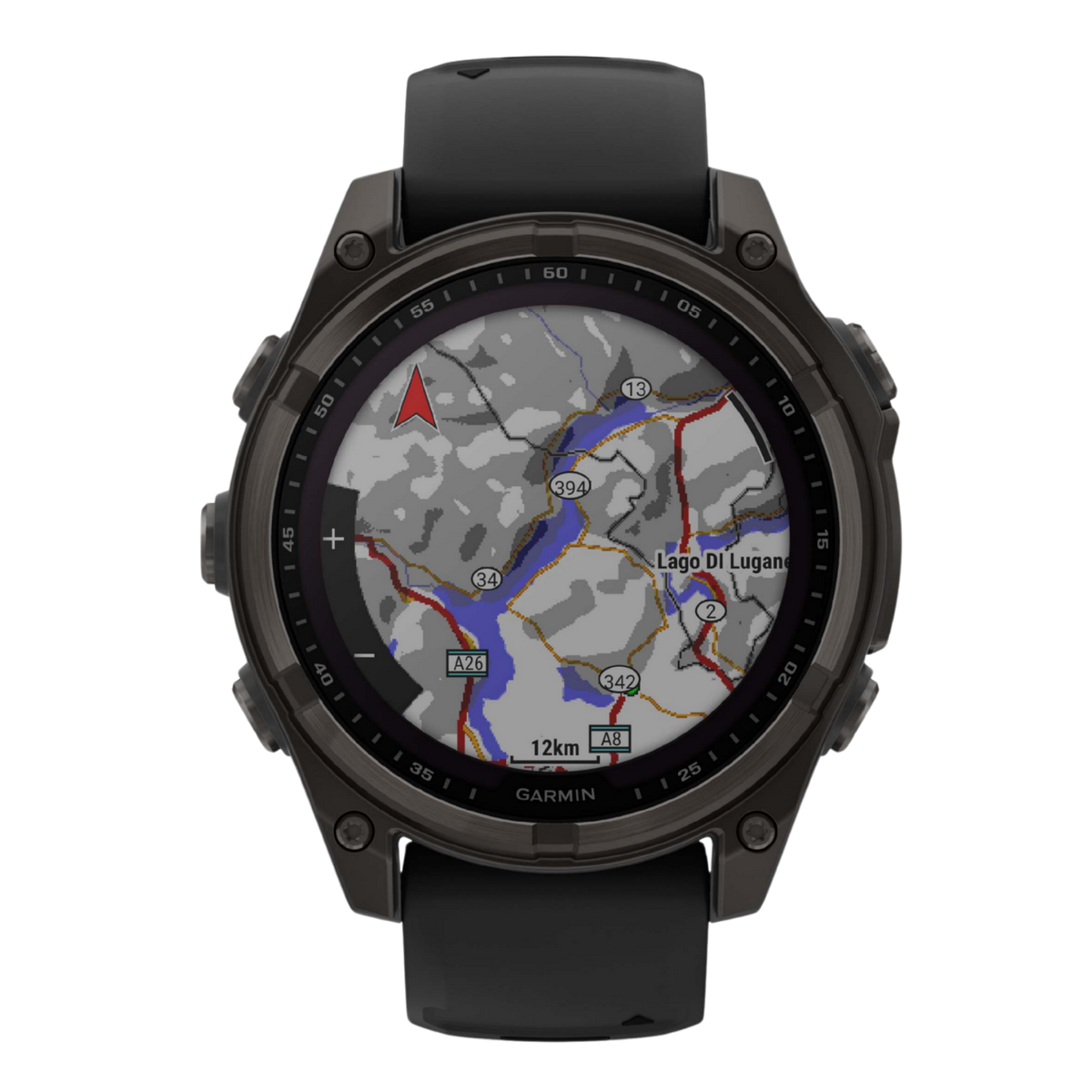 Garmin Fenix multisport GPS smartwatch with black silicone performance strap, dark titanium-style case, and advanced training metrics display shown in angled front view