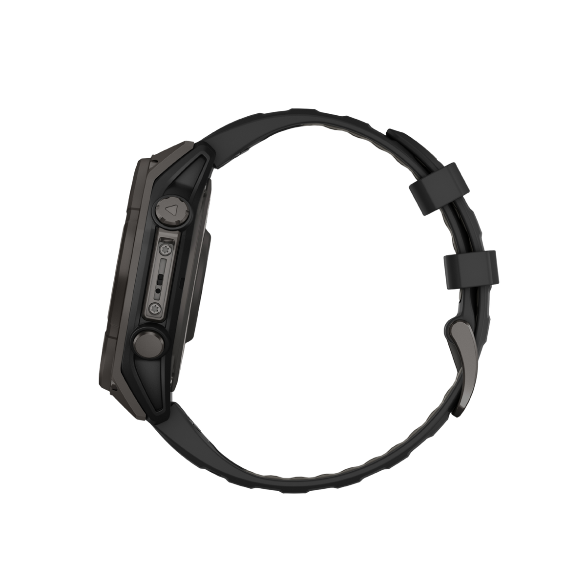 side profile of the Garmin Fenix smartwatch highlighting the rugged outdoor-ready case, textured pushers, and flexible black silicone strap designed for endurance performance
