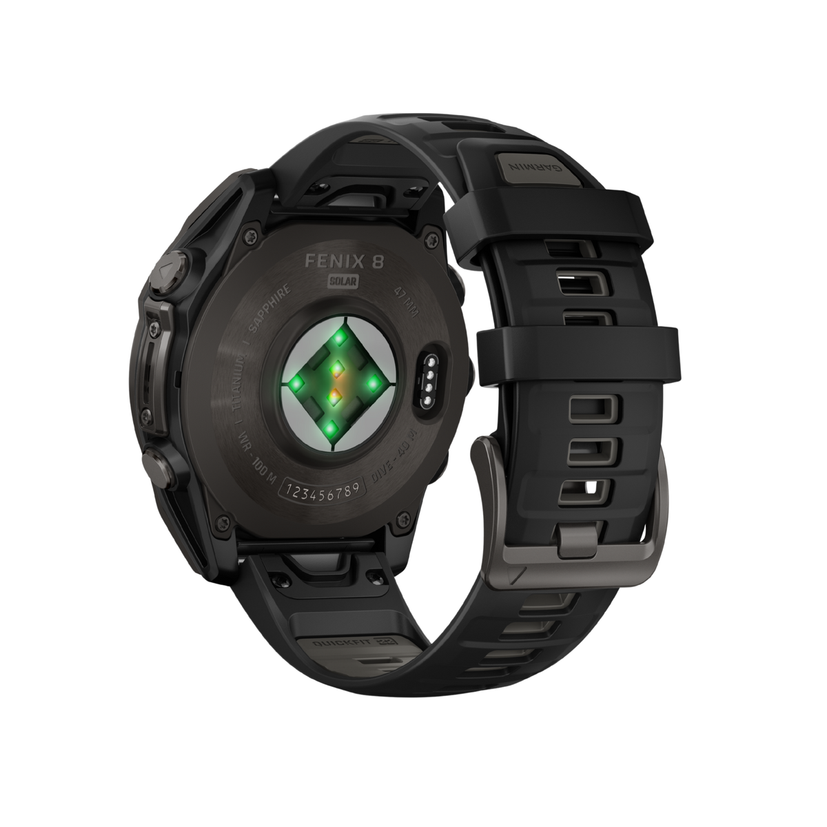 rear view of the Garmin Fenix smartwatch displaying the secure buckle fastening, integrated health monitoring sensors, and durable ventilated sports strap construction
