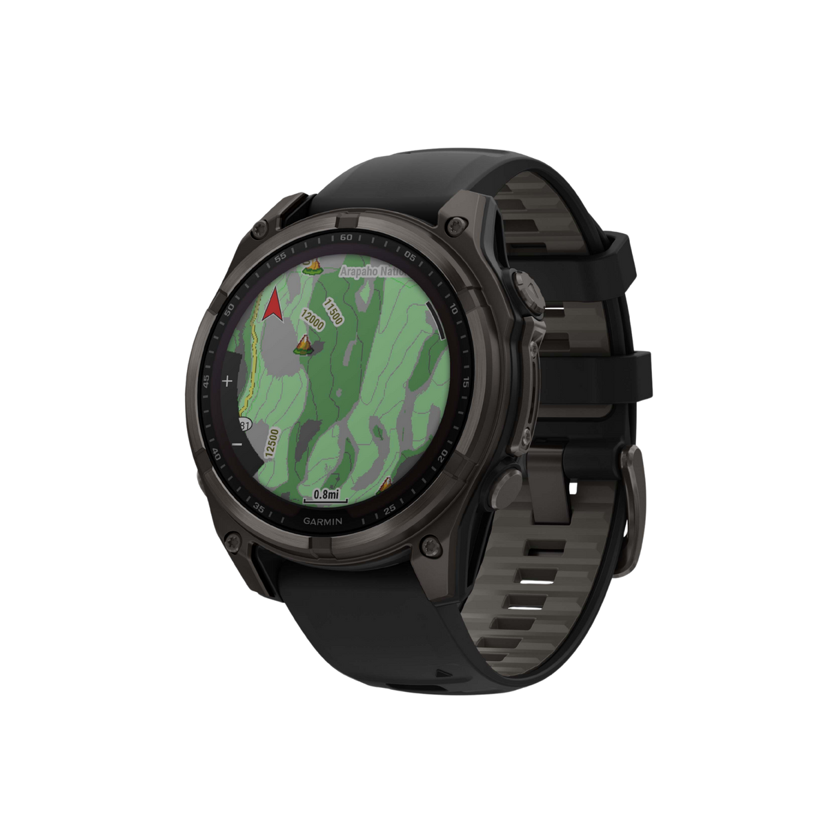 detailed side angle of the Garmin Fenix smartwatch showcasing the exposed control pushers, reinforced crown protection, and robust performance-focused case detailing for outdoor training and adventure use
